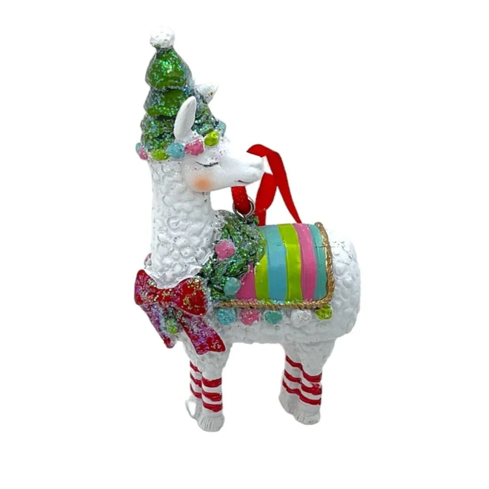 White‎ Llama Ornament -Colorful Blanket Christmas Tree Hat Rosy Cheeks
